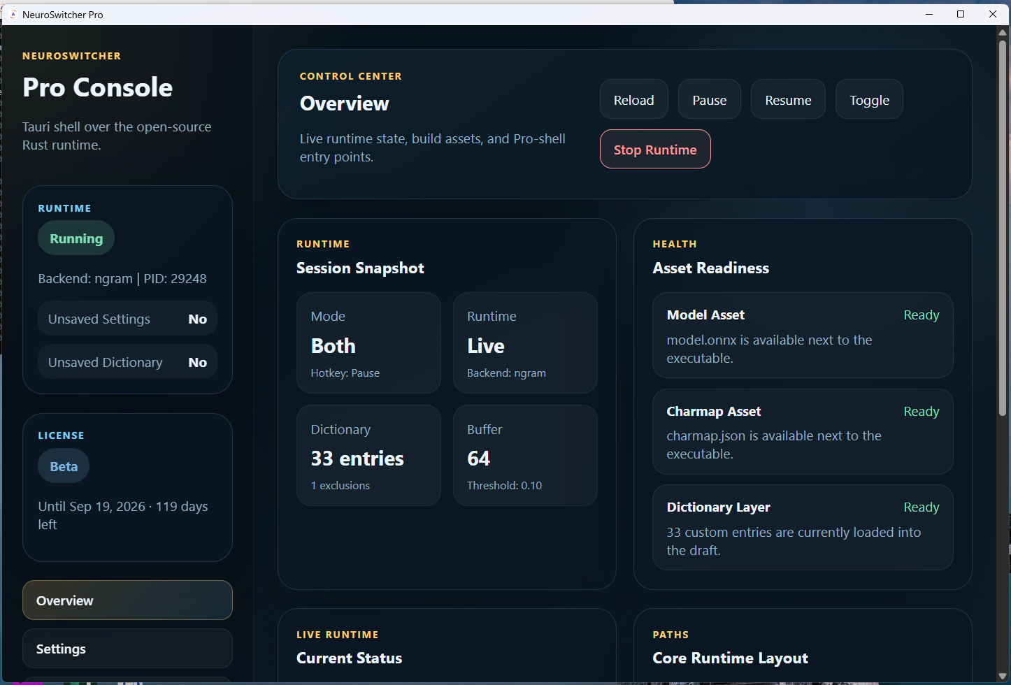 NeuroSwitcher Pro Console dashboard screenshot
